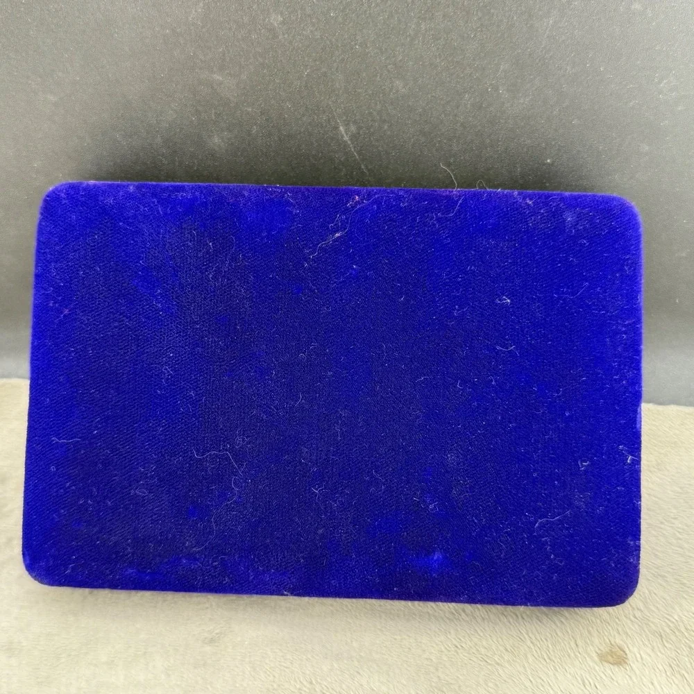 Vintage Jewelry Display Box Blue Velvet Hinged Satin Lining Storage Case